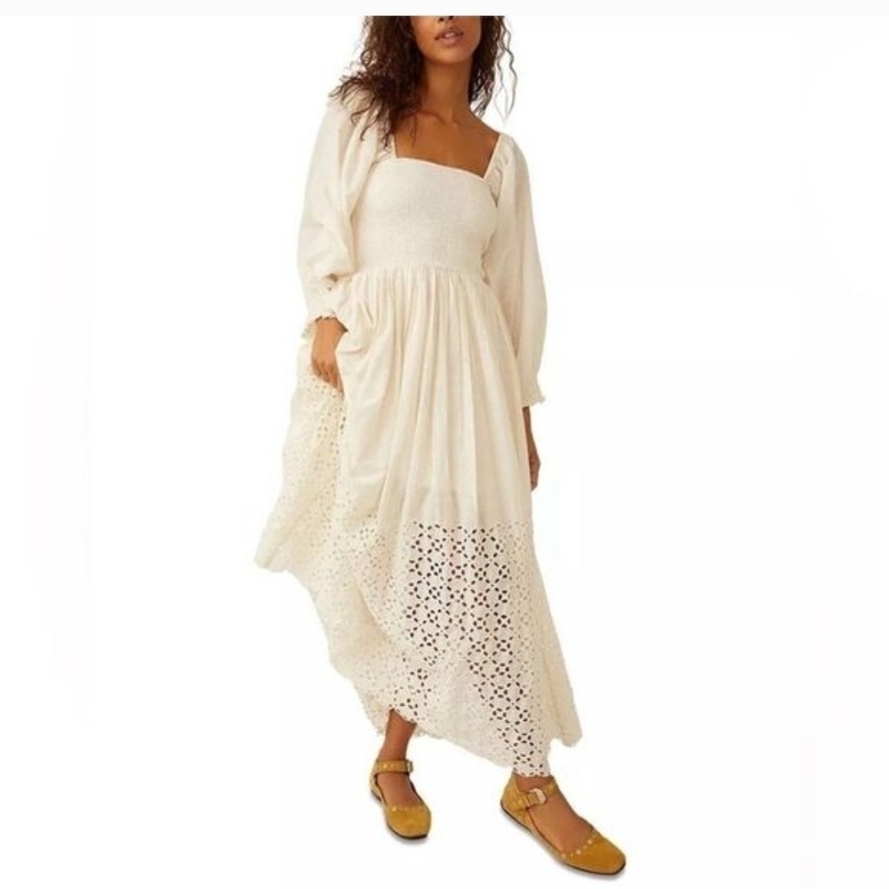Free People Cream Long Sleeve Maxi Boho Crochet Flowy Dress Medium